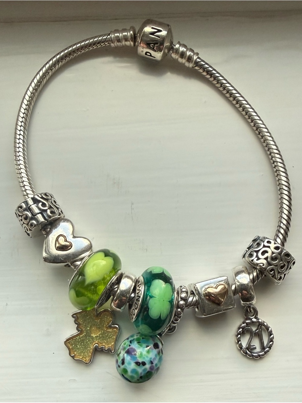 Authentic Retired PANDORA 925 ALE Charm Bracelet Murano Glass 14K Gold Vintage